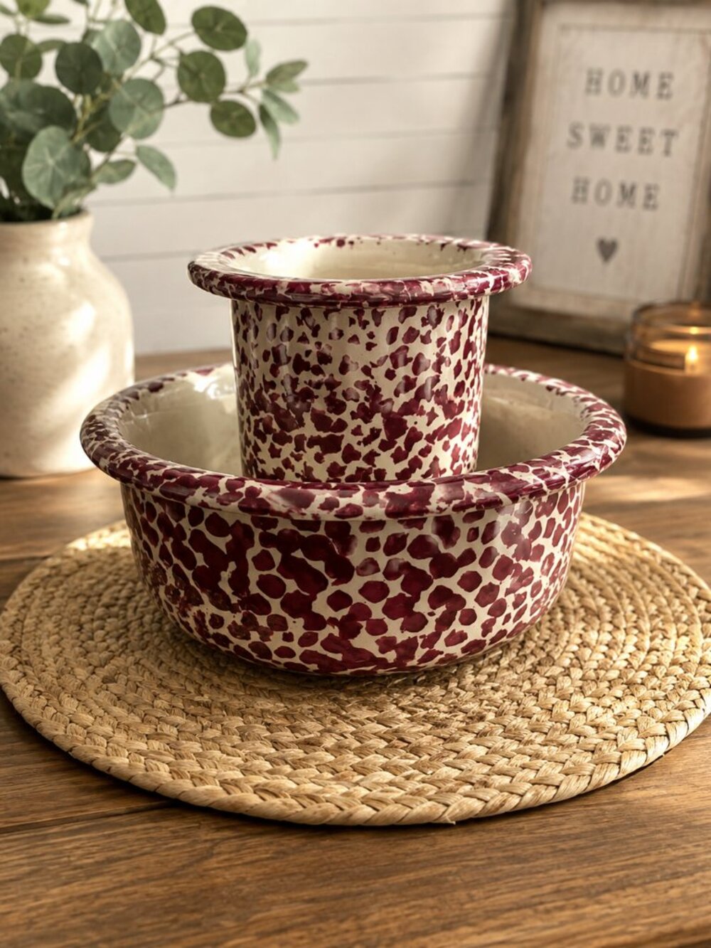Vintage Red Spongeware Pottery Flower Frog & Bowl Floral Arranger 2 Piece Rustic